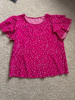 NWOT Women’s L Silky Pink Dot Ruffle Sleeve Top